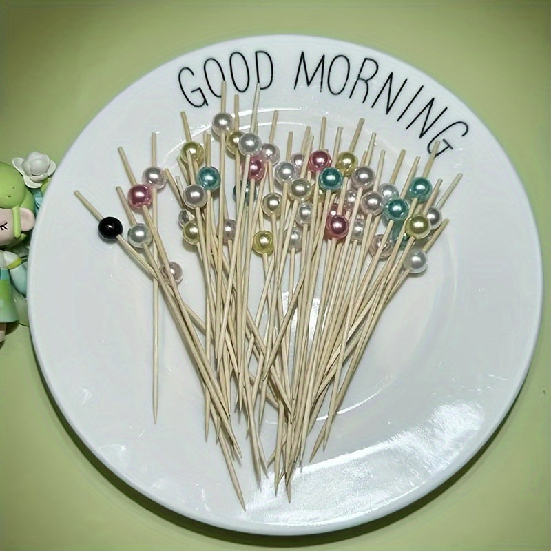 Set of 100 Bamboo Cocktail Picks with Pearls for Appetizers and Fruit Skewers
