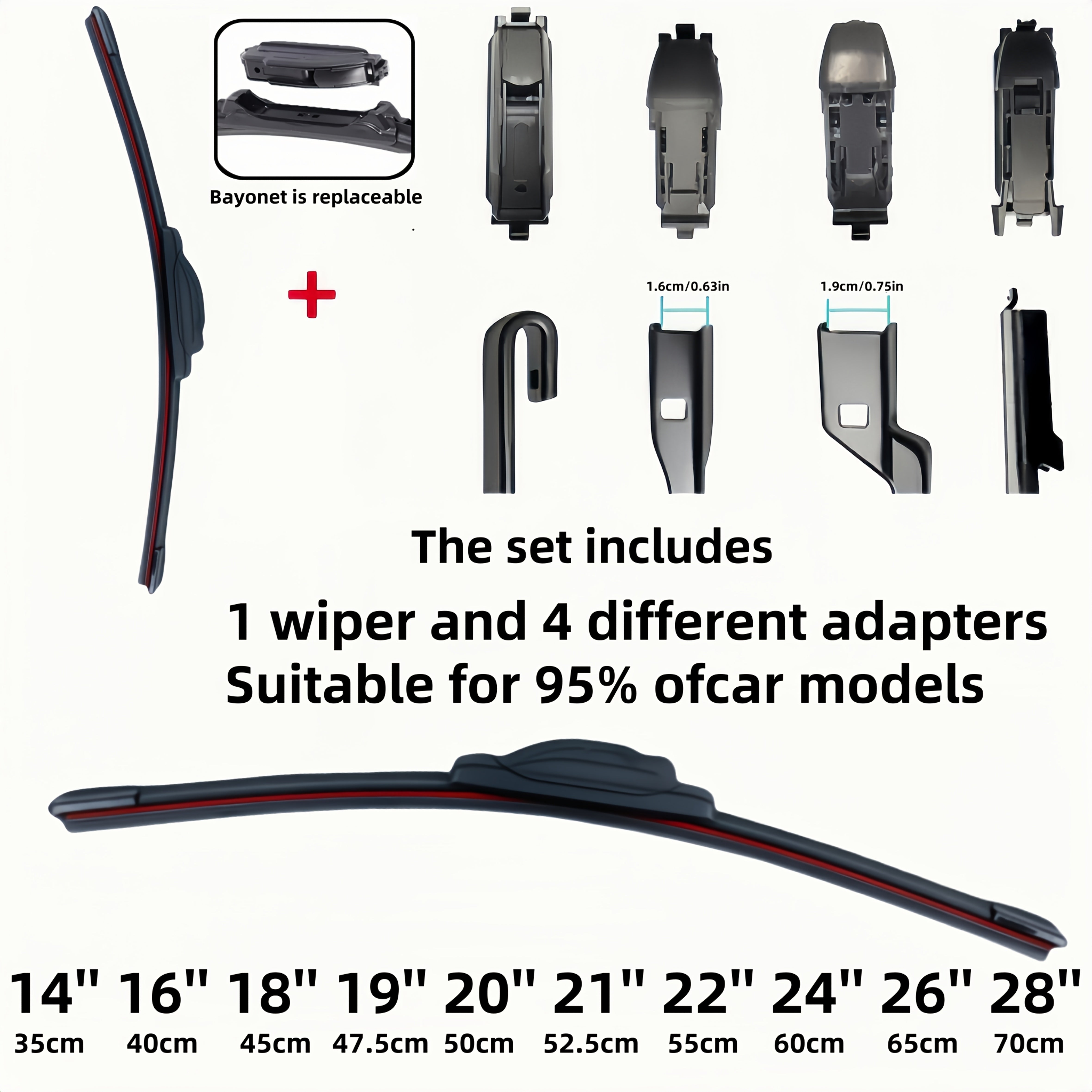 Car Windshield Wiper Blade Set with 4 Adapters, Durable Rubber, 35.56–71.12cm