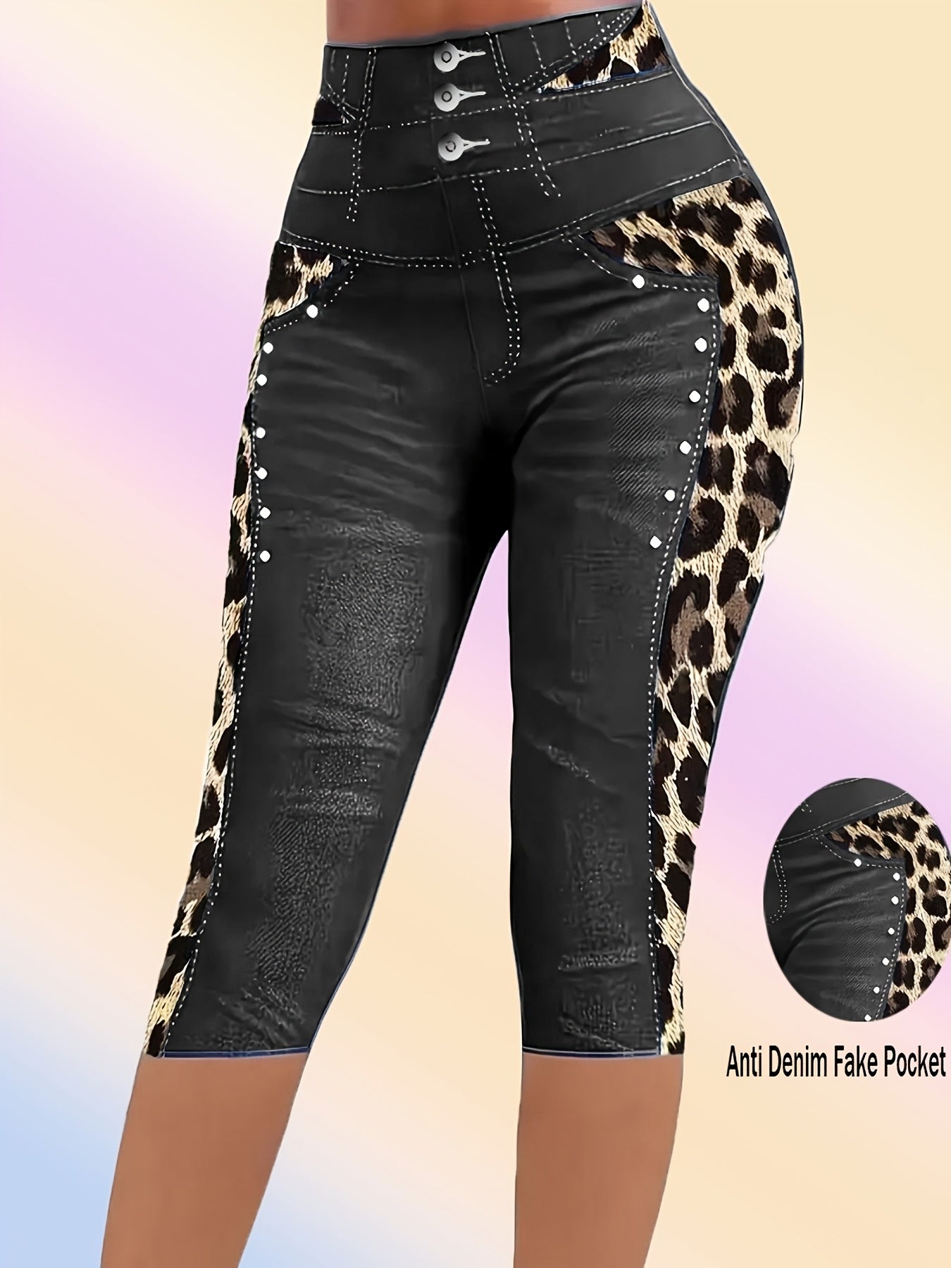 Plus Size Women's High-Stretch Imitation Denim Mid-Length Leggings with Leopard Print