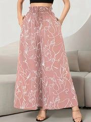 Women's Wide-Leg Floral Print Pants High Waist Ruffle Detail Spring Fall Polyester