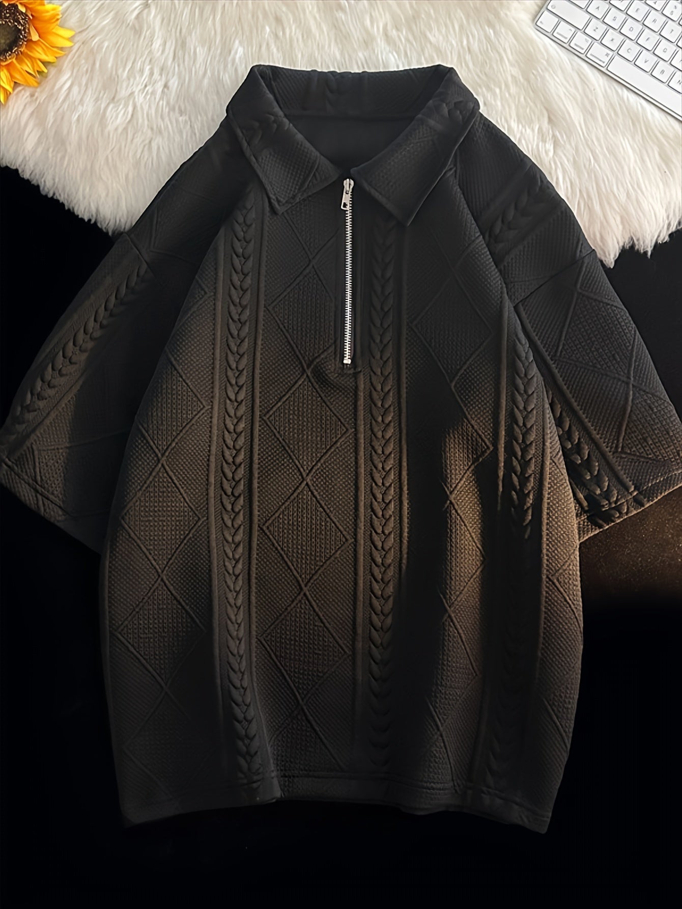 Men's Short Sleeve Jacquard Summer Suit Two-Piece Zipper Closure Casual