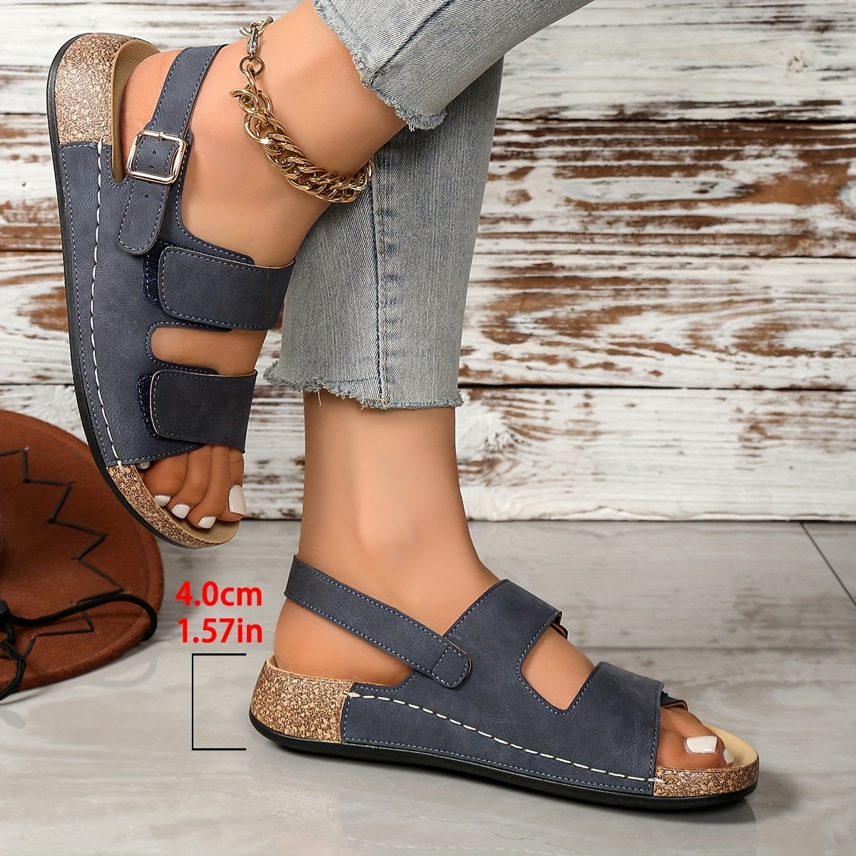 Women's Summer Sandals Open Toe Cushioned Dark Blue Cork Strappy