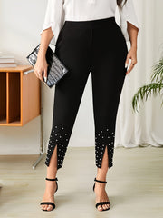 Women's Plus Size Beaded Embellished Black Capri Pants Slim Fit Mid-Thigh