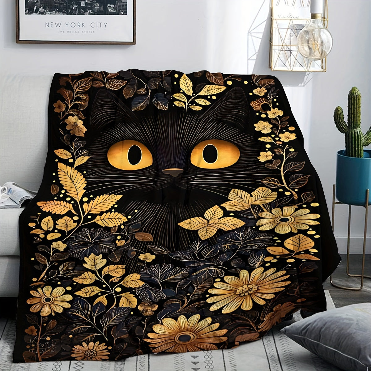 Black Cat Throw Blanket Soft Plush Flannel All-Season Cozy Gift