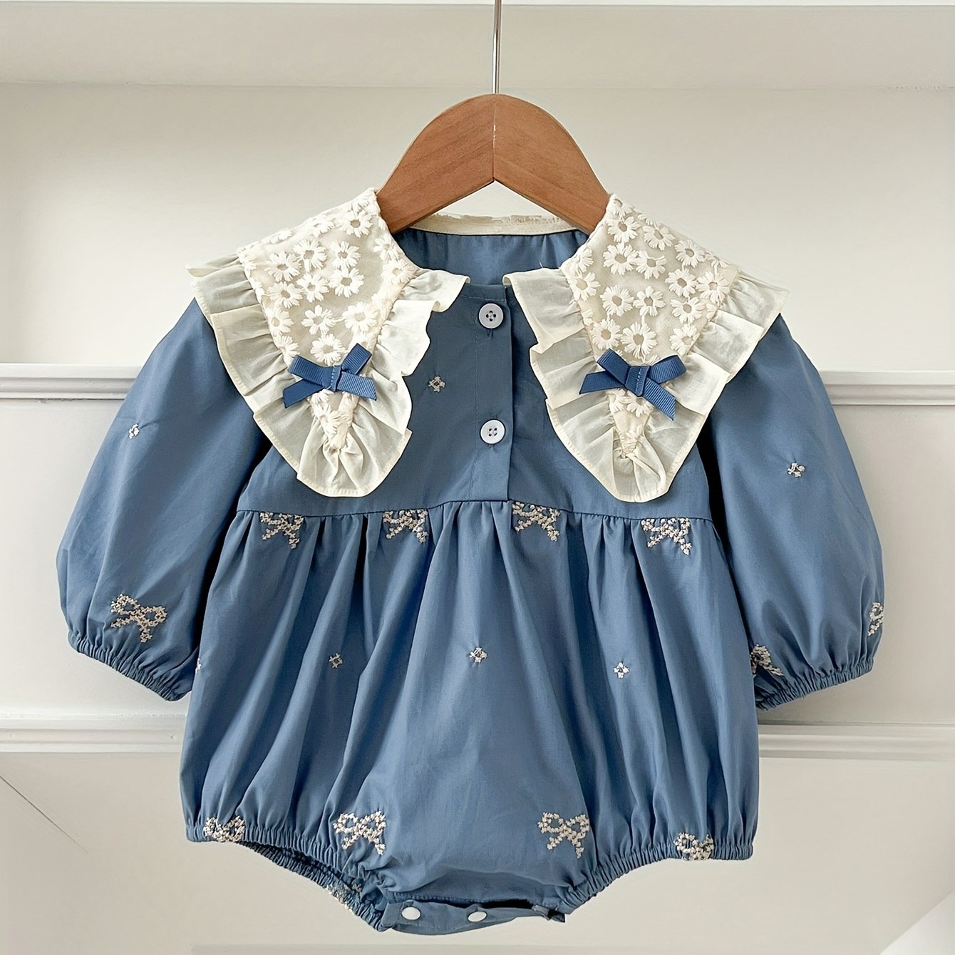 Baby Girl Floral Embroidered Cotton Long-Sleeve Romper for Spring Fall Outdoor Wear