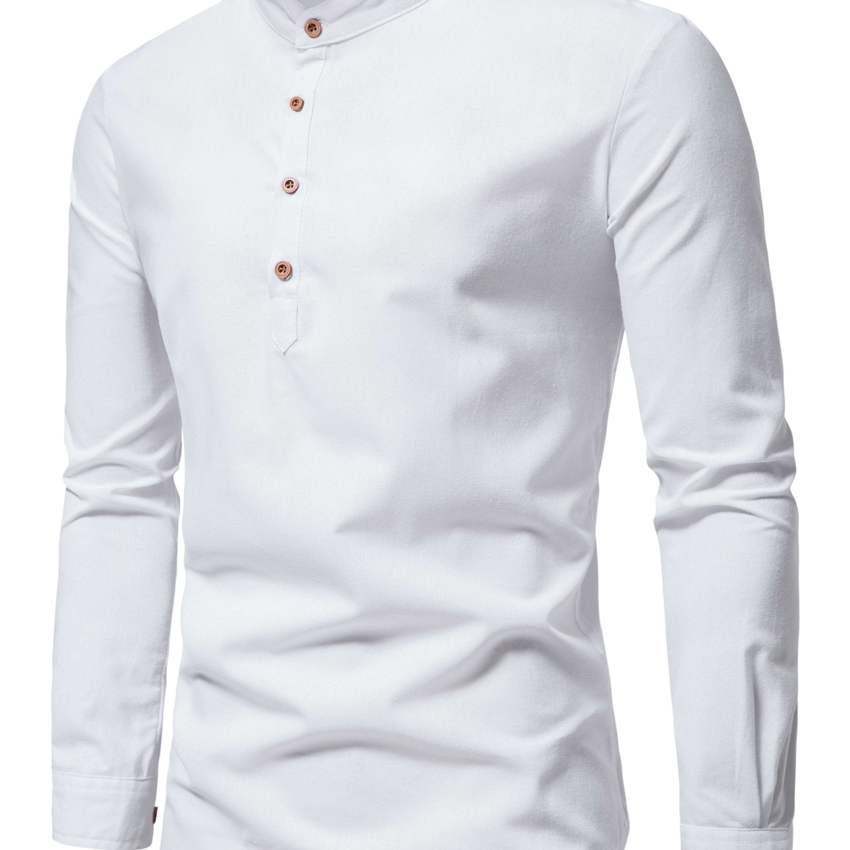 Men's Cotton Solid Long Sleeve Stand Collar Shirt for Summer Outdoor Activities