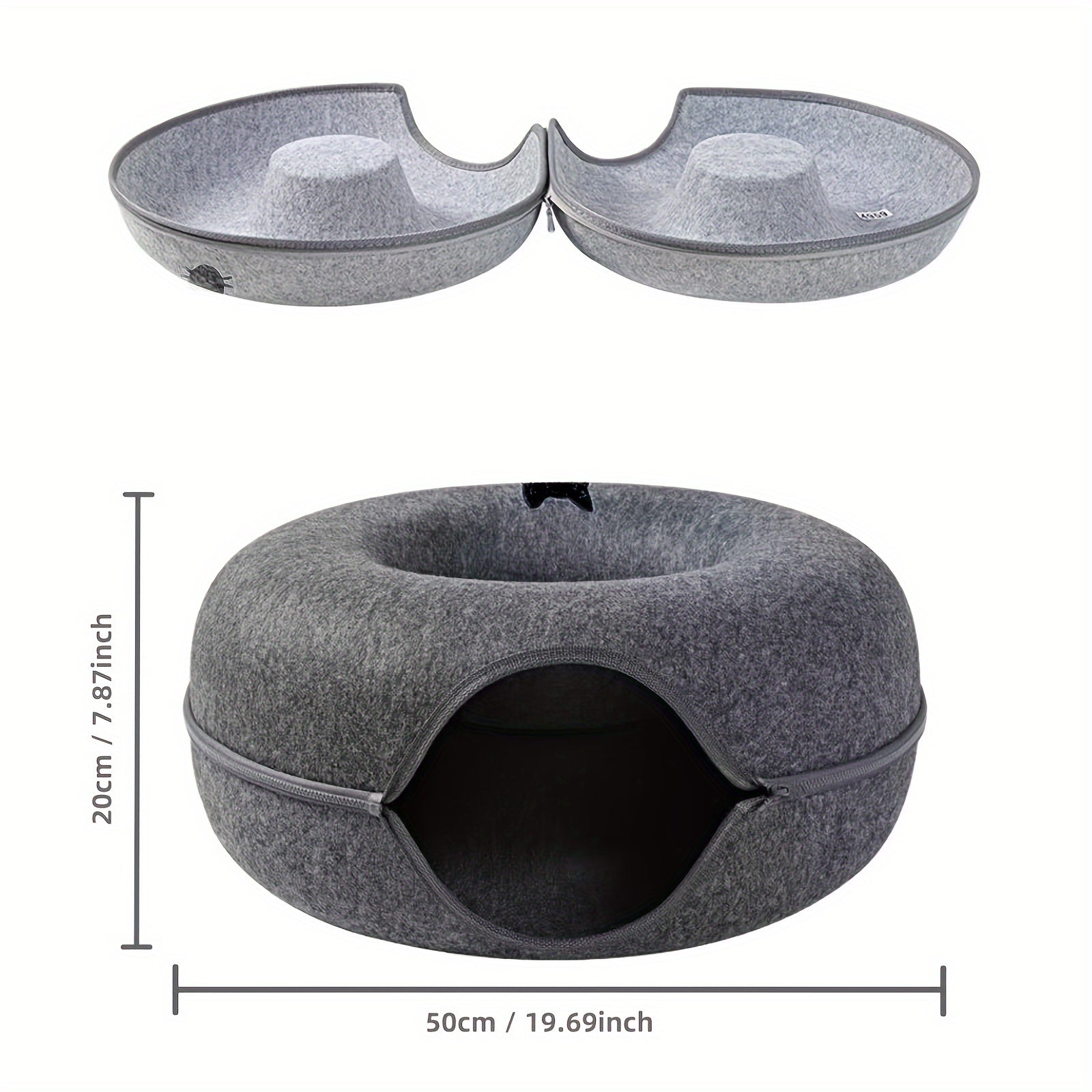 Gray Wool Felt Cat Tunnel Bed with Zippered Split, Foldable, Versatile Indoor Pet Bed
