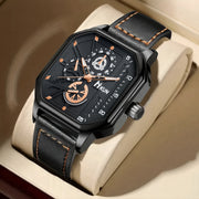 Men's Business Watch Gift Set with Quartz Square Dial PU Leather Strap Glasses Parfum