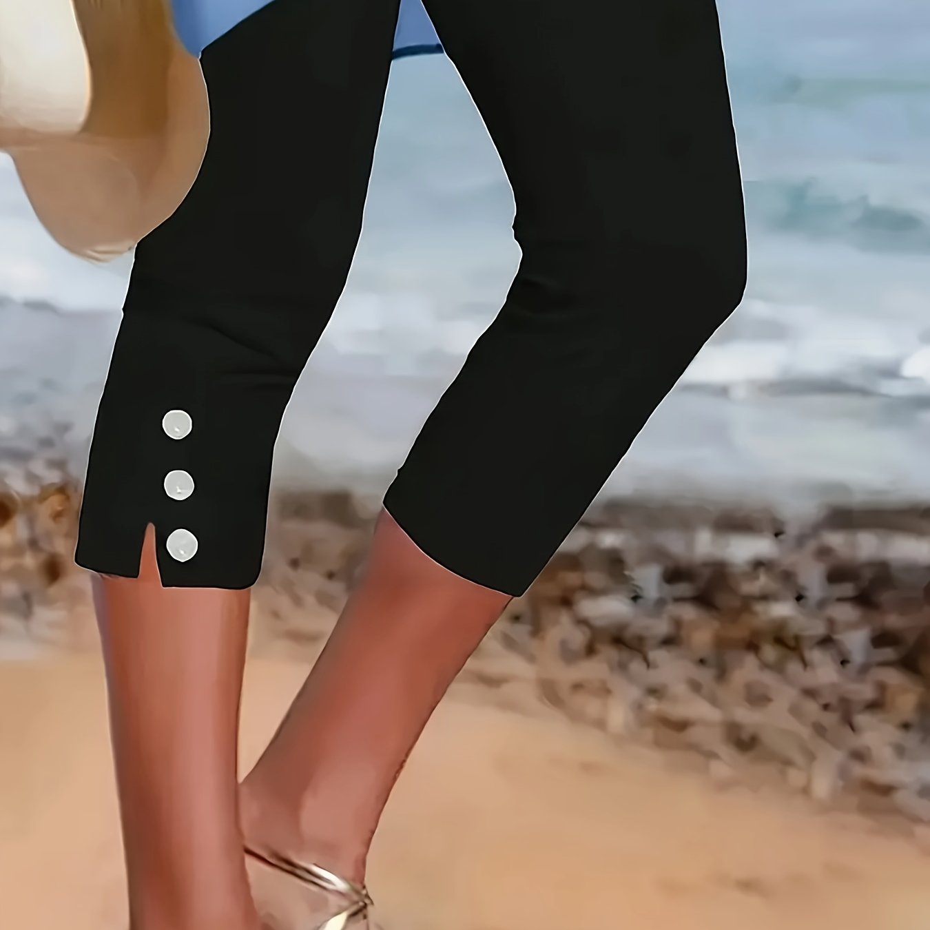 Women’s High Waist Capri Pants with Button Details Knit Solid Color Summer