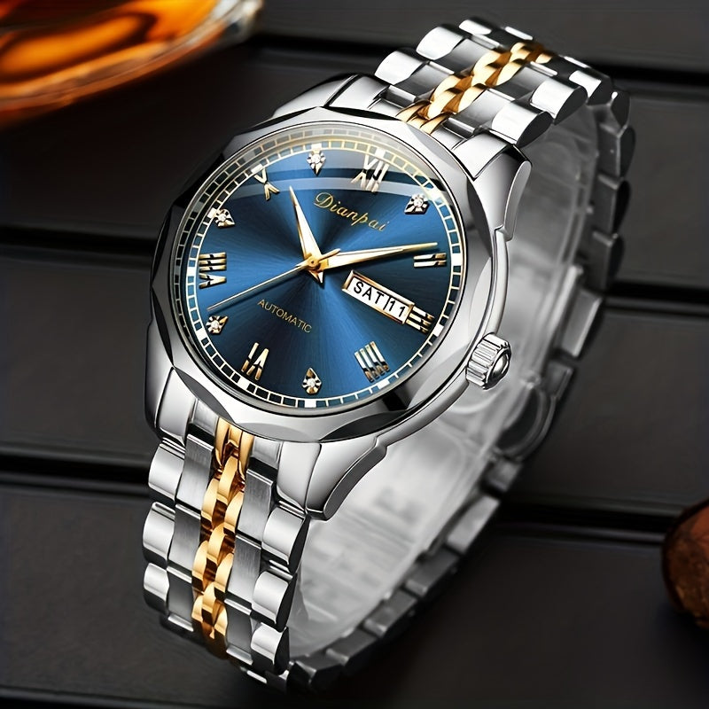 Men's Luxury Automatic Mechanical Watch with Luminous Calendar Stainless Steel Business Style Rhinestone Accents