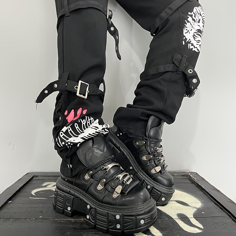 Women's Gothic Black High-Top Sneakers with Platform Heel Non-Slip Rubber Sole