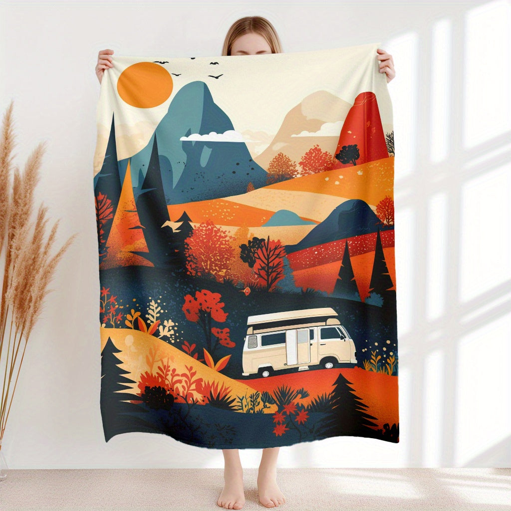 Flannel Throw Blanket Autumn Mountain Camper Van Design Soft Warm Knitted Polyester All-Season