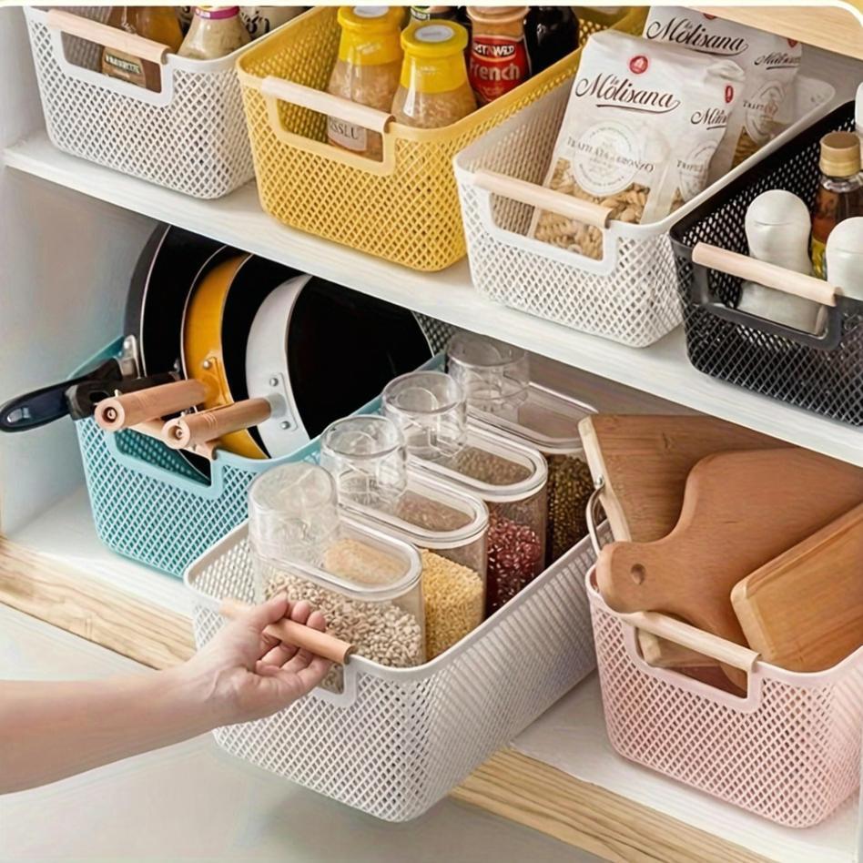 cesta de almacenamiento rectangular con asas de madera, de múltiples compartimentos, uso versátil para baño, cocina, dormitorio, oficina y exteriores