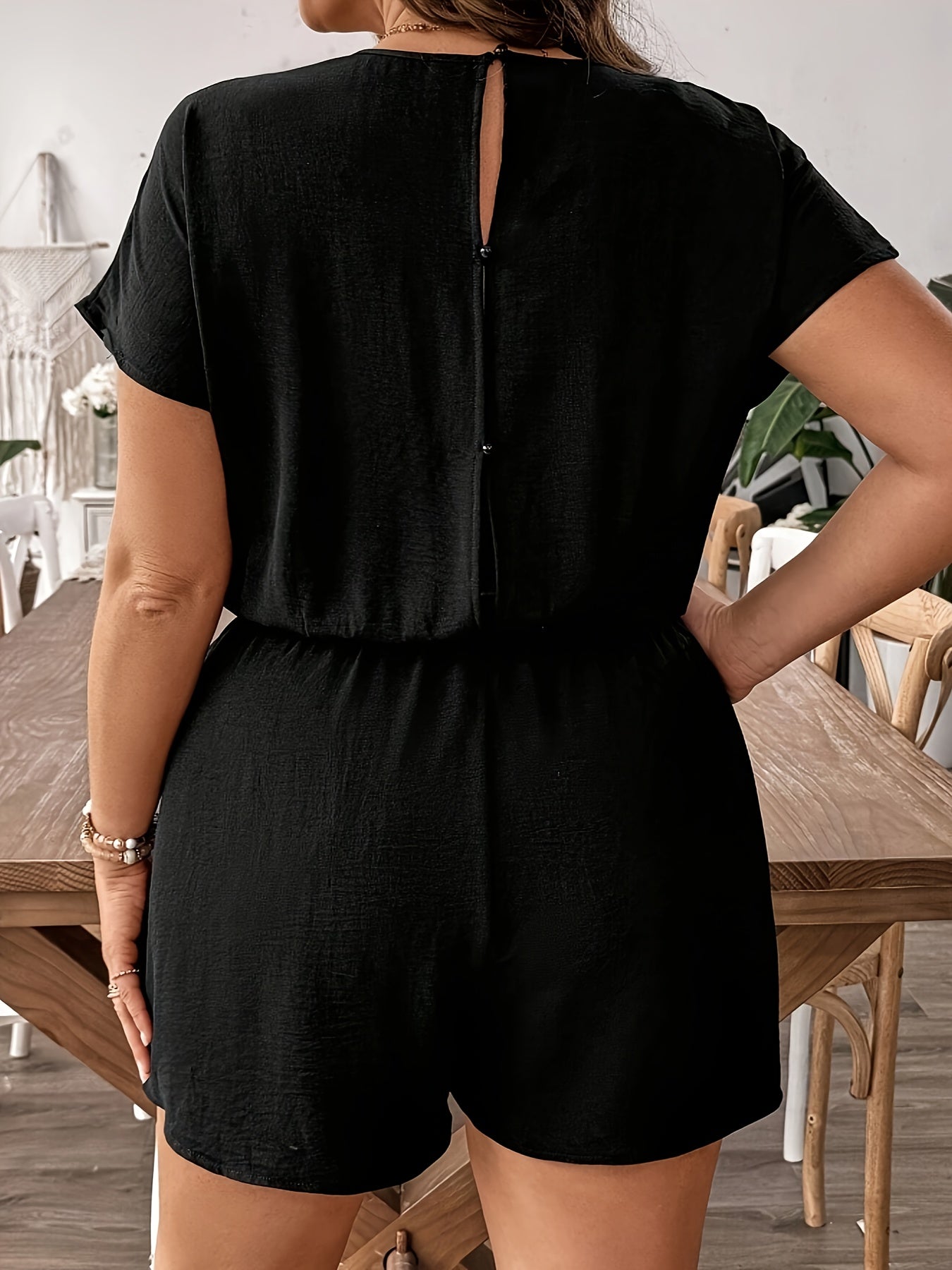 Plus Size Women's Black V-Neck Shorts Romper All-Season Casual