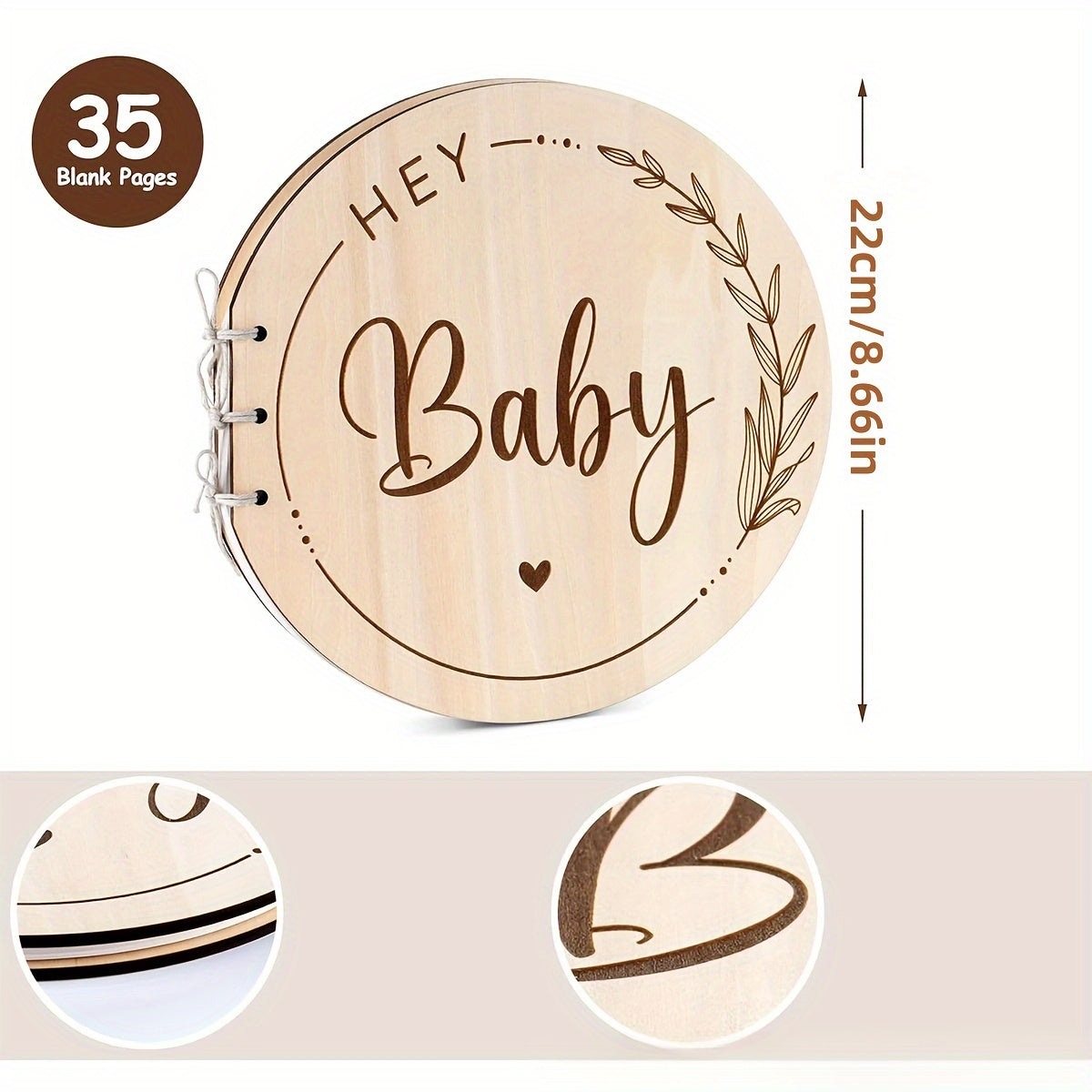 Wooden Baby Shower Guest Book Alternative Keepsake with 35 Blank Pages for Memories and Wishes