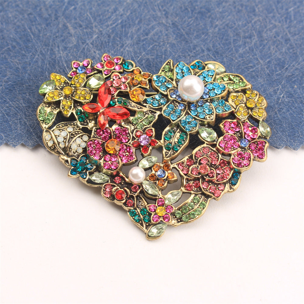 Broche de flor de amor barroco, joyería de rhinestones para vestidos, bolsos, sombreros