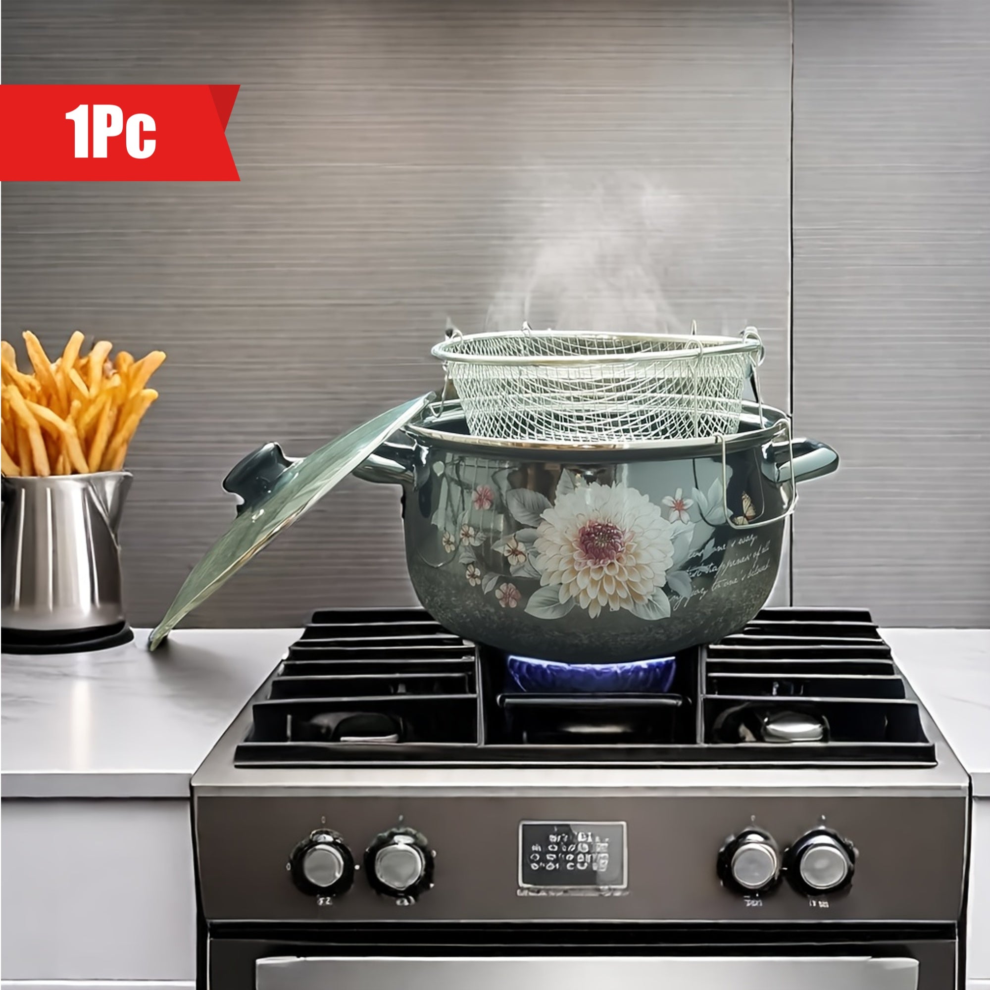 Enamel Fryer with Strainer Double-Ear Soup Pot High-Temperature Resistant for Stew and Cooking