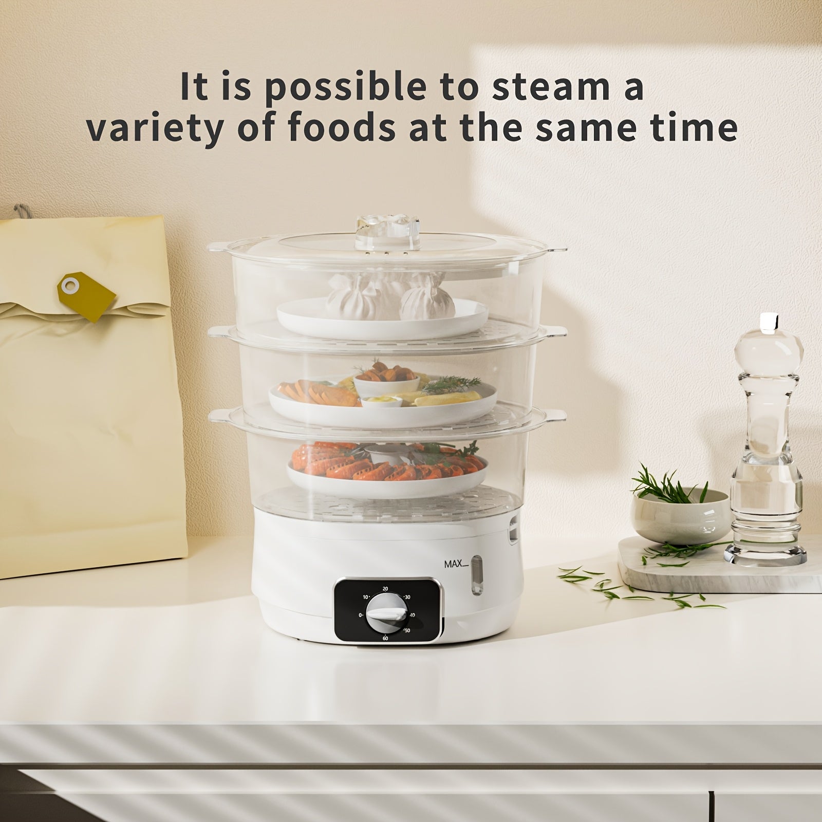 Vaporera eléctrica de 3 niveles 800W libre de BPA, apta para lavavajillas, temporizador de 60 minutos