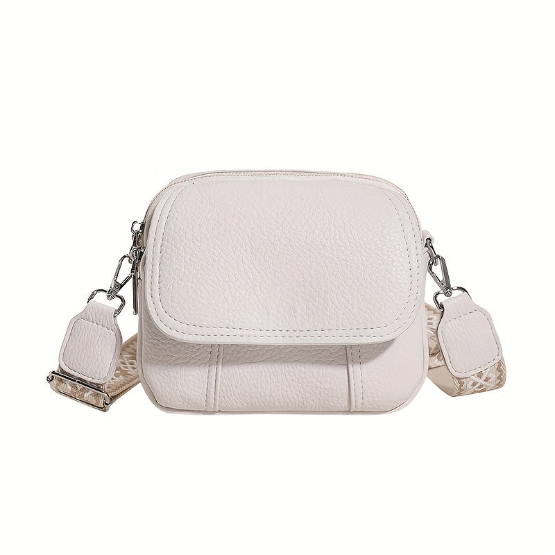 Square Crossbody Bag with Wide Strap Zipper in Solid Color PU Material