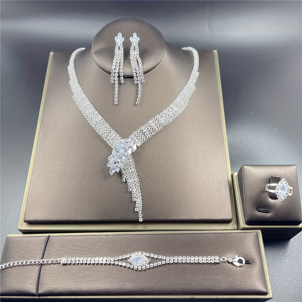 Elegant Rhinestone Tassel Jewelry Set for Women Necklace Earrings Bracelet Ring Formal Events