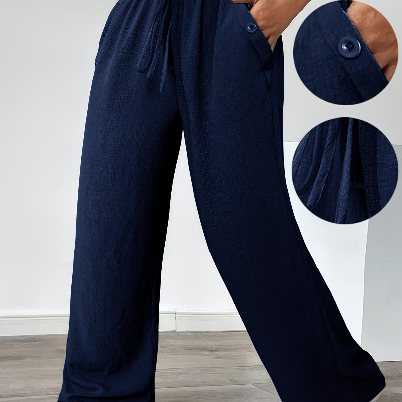 Women's Plus Size Casual Straight Pants with Lace-Up Detail, Solid Color