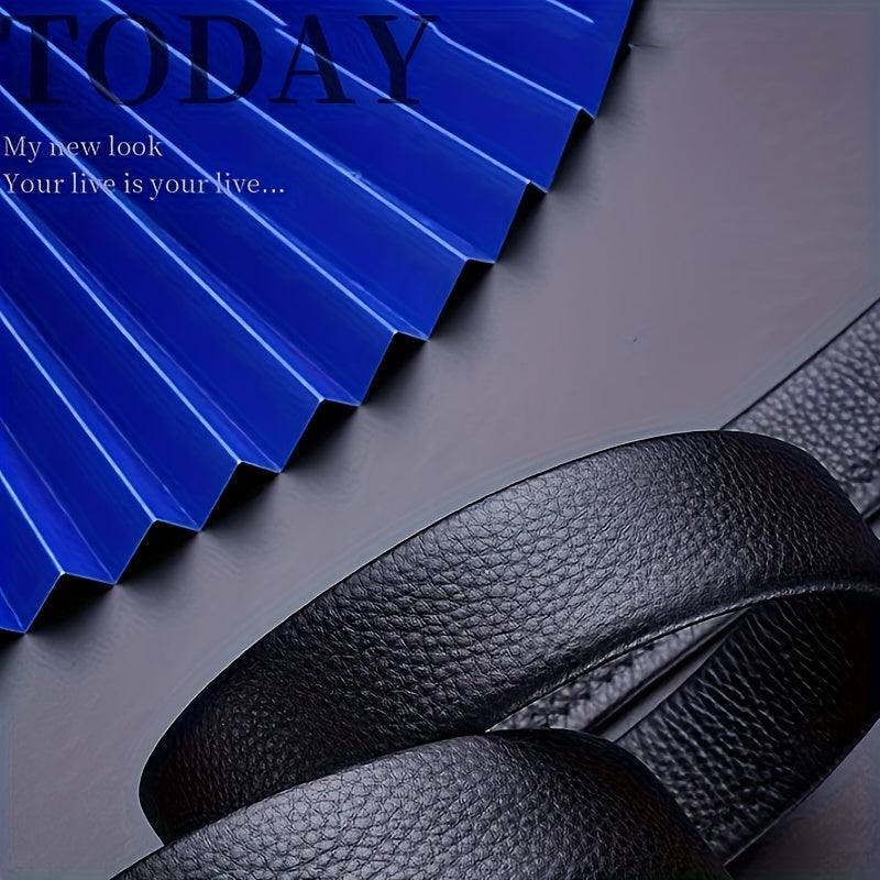 Men's Black Faux Leather Belt with Automatic Buckle for Business Casual