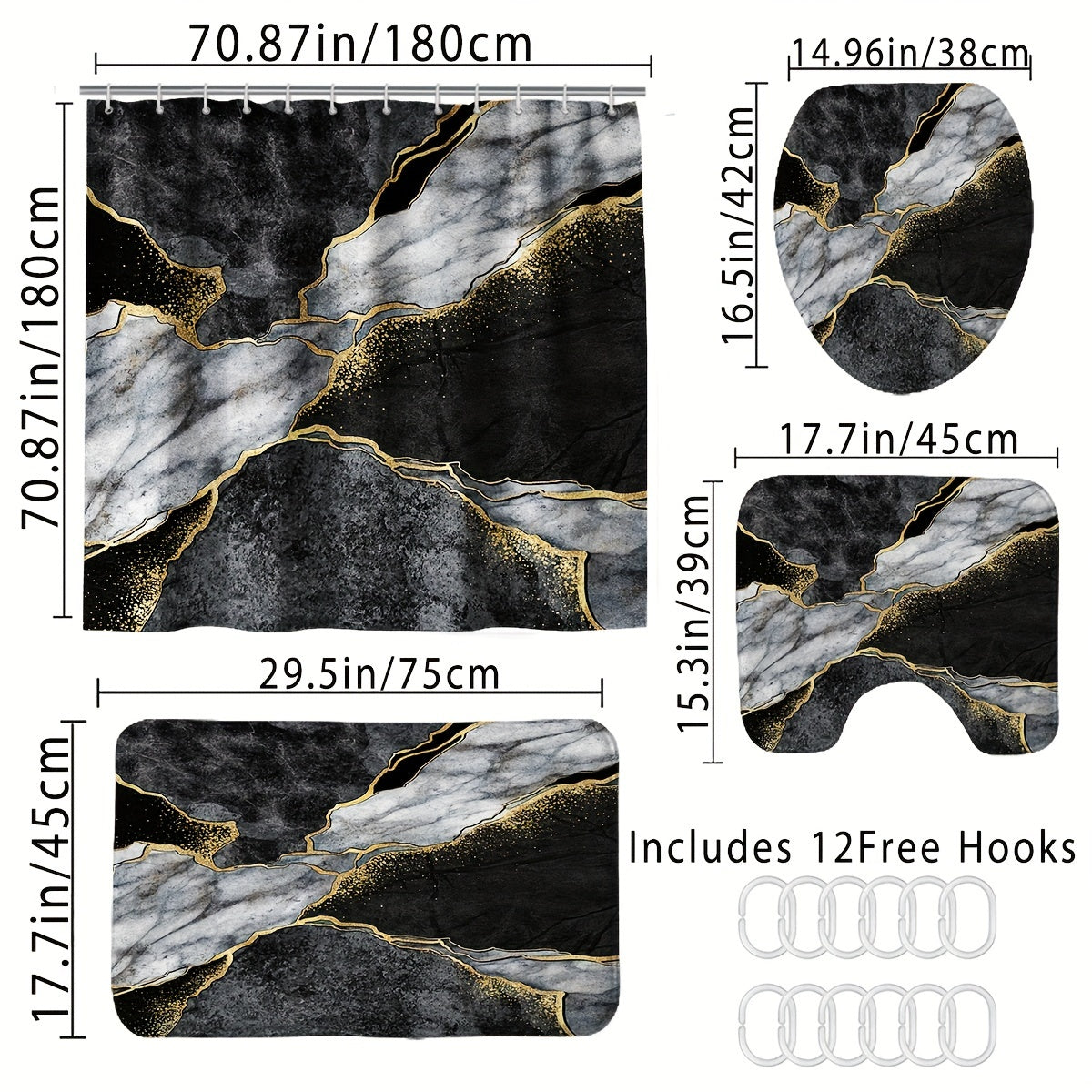 Marble Texture Shower Curtain Set with Black White Gold Crack Pattern Includes Hooks Bathroom Accessories