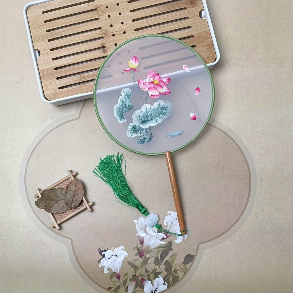 Silk Embroidered Fan with Tassel Flower for Home Travel School Office