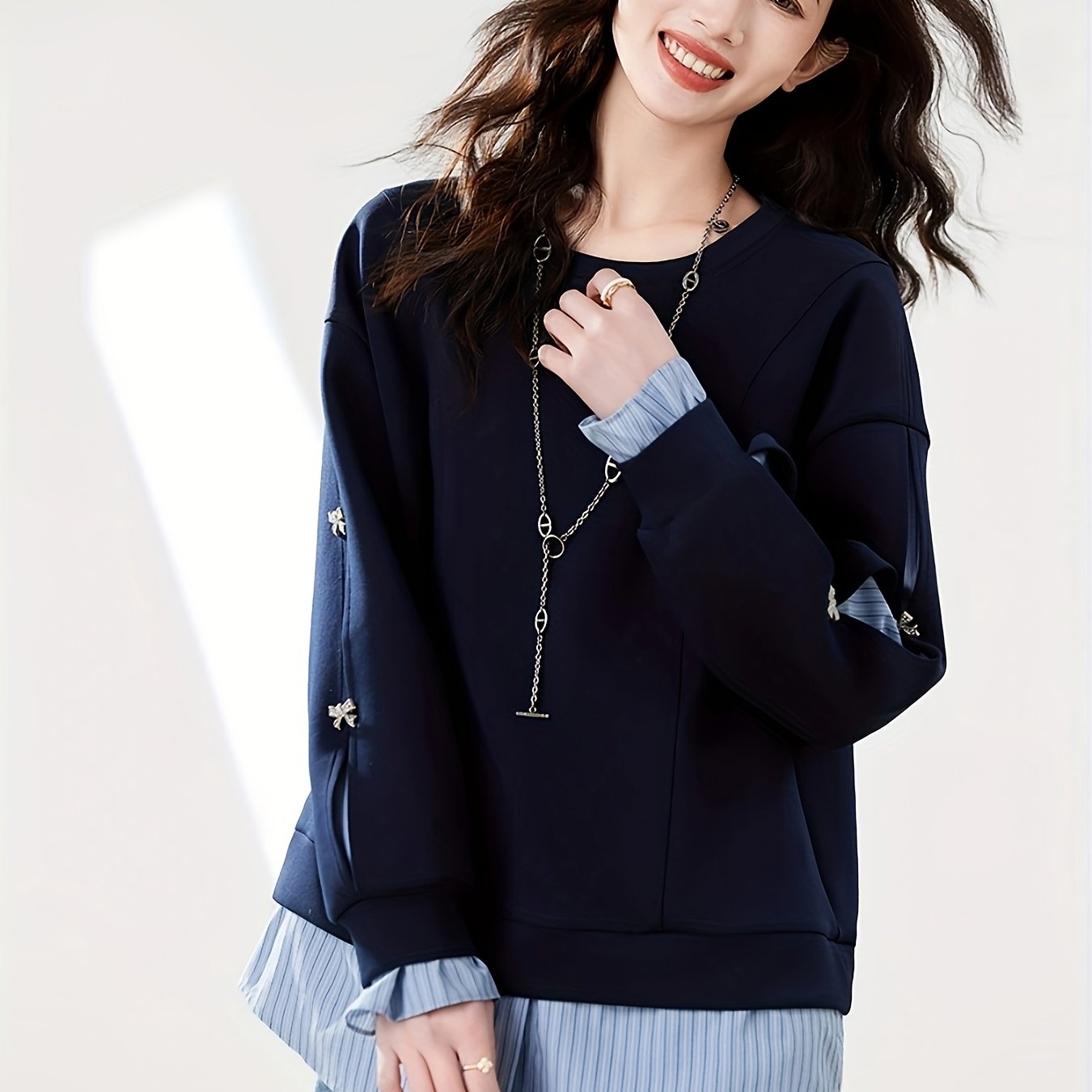 Women's Navy Blue Floral Sweater Rayon Blend Loose-Fit Pullover