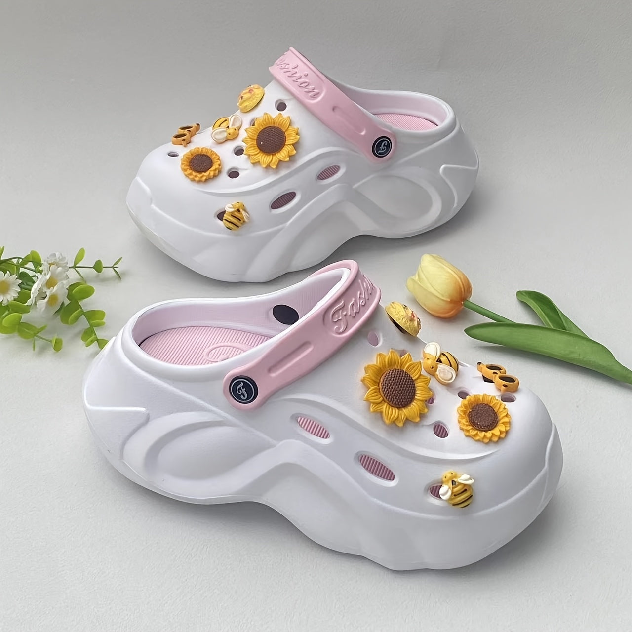Women's EVA Hole Shoes with Pink Bunny Heel Sunflower Accessories