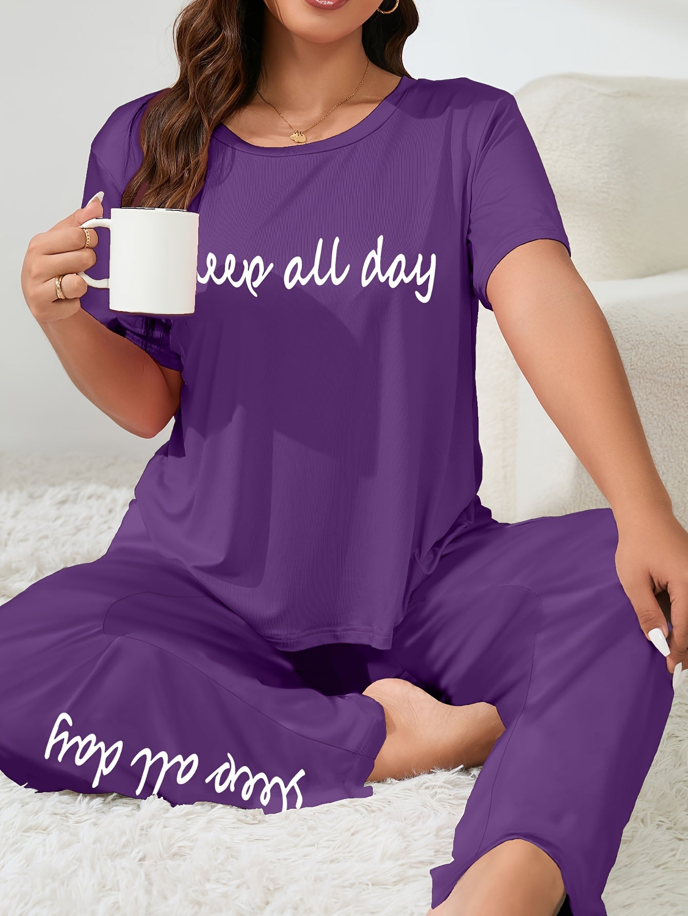 Women's Plus Size Polyester Lounge Set with Slogan Print Tee and Pants