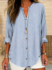 Women's Striped Woven Cotton Blend Shirt with Drop Shoulders and V-Neck