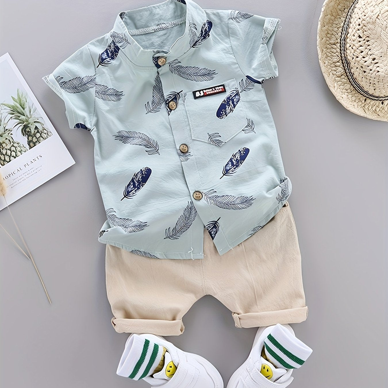 Baby Boys' Summer Cotton Casual Feather Pattern Shirt and Shorts Set