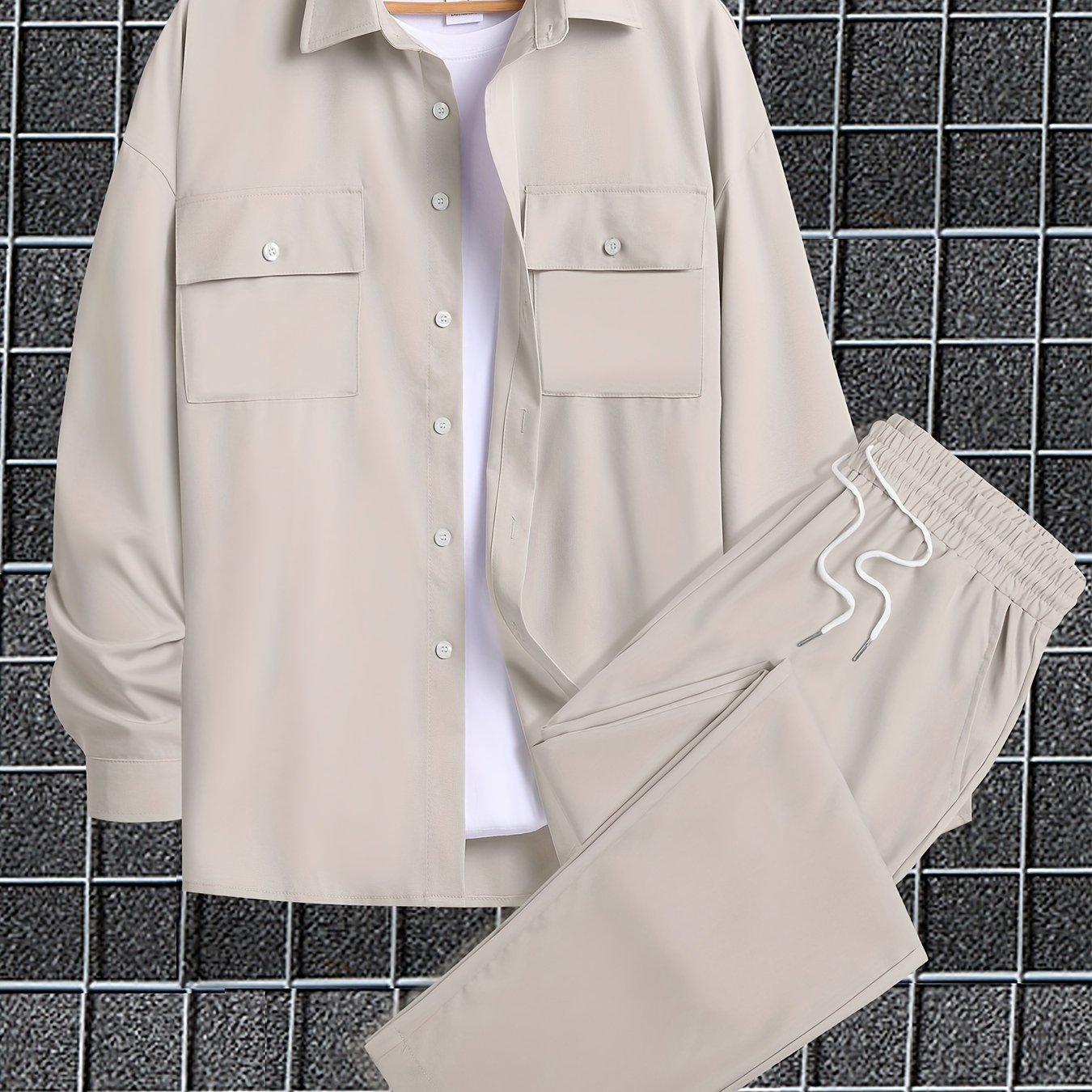 Men's Plus Size Solid Polyester Shirt and Pants Set for Fall Winter Casual