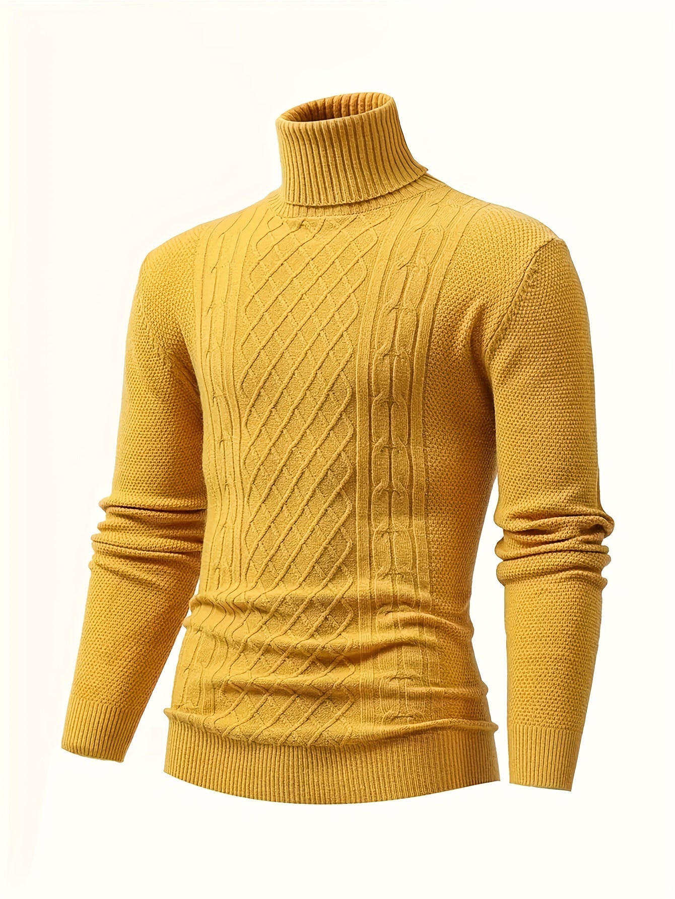 Men's Cable Knit Turtleneck Sweater Fall Winter Long Sleeve Solid Color Stretch Pullover