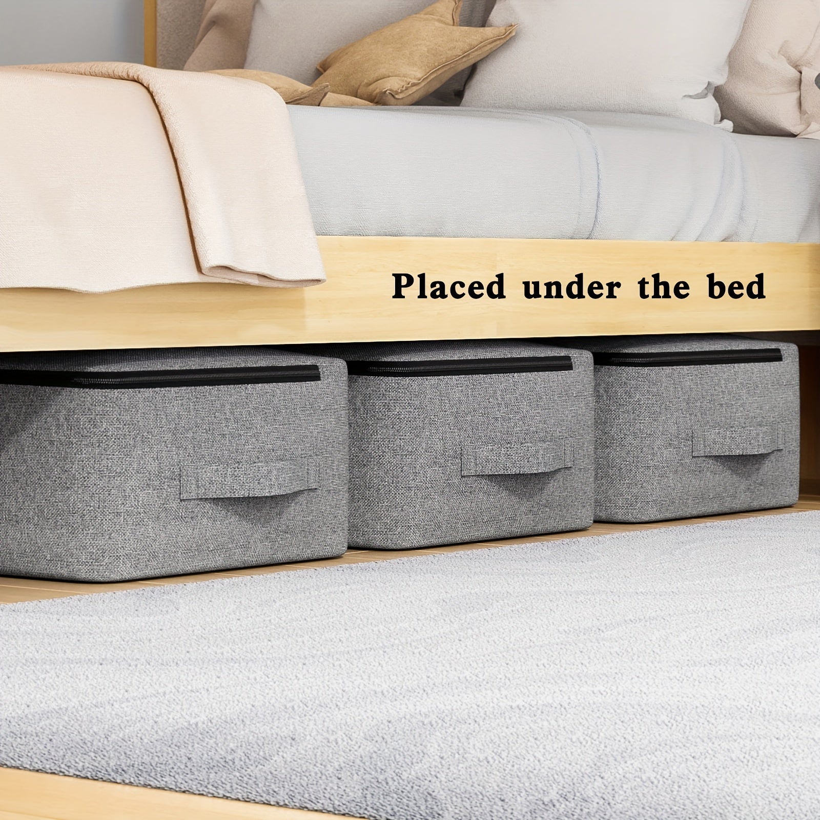 Keng joyga ega bo'lgan yotoq ostidagi saqlash sumkasi, ko'rinadigan deraza bilan, qulay kirish uchun bir nechta tutqichlar, yig'iladigan va zipli - yostiqlar, kiyimlar va o'yinchoqlar uchun ideal