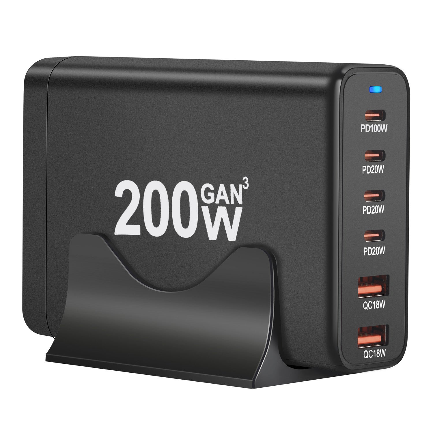 Cargador USB GaN de 200W, adaptador de pared de carga rápida de 6 puertos, negro