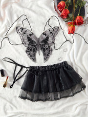 Ayollar uchun shaffof kapalak naqshli kamizol va to'r mini yubka ichki kiyim to'plami.