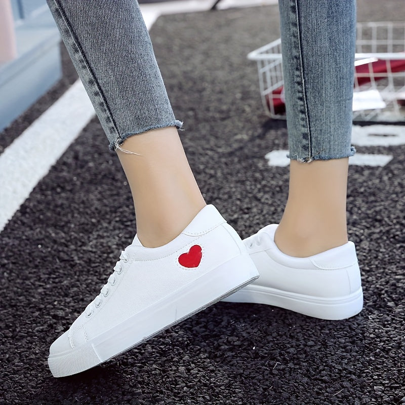 Women's Casual Sneakers with Heart-Shaped Design Lace-Up Flat White Soles