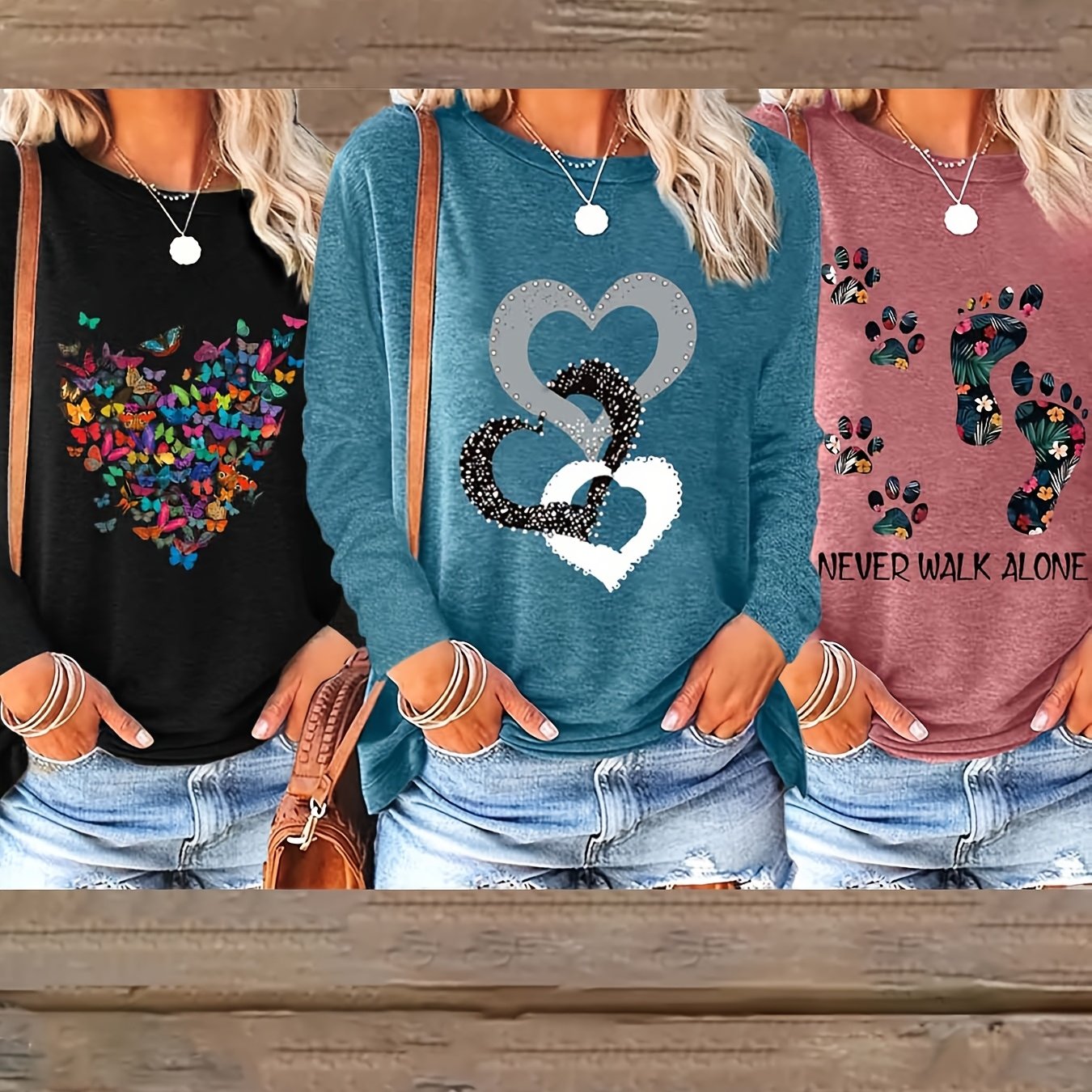 Women's Casual Long Sleeve T-Shirts Set with Geometric Prints in Black Teal Pink and Purple