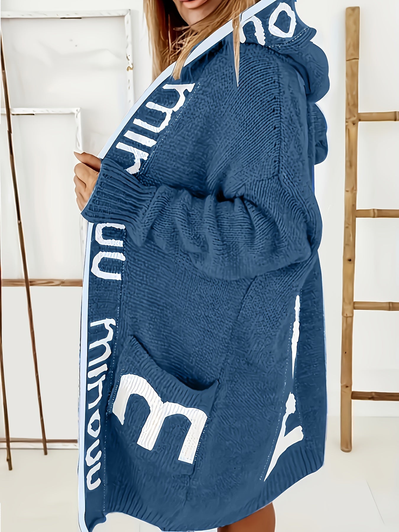 Women's Pullover Hoodie with Bold Letter Print, Teal, Front Pockets