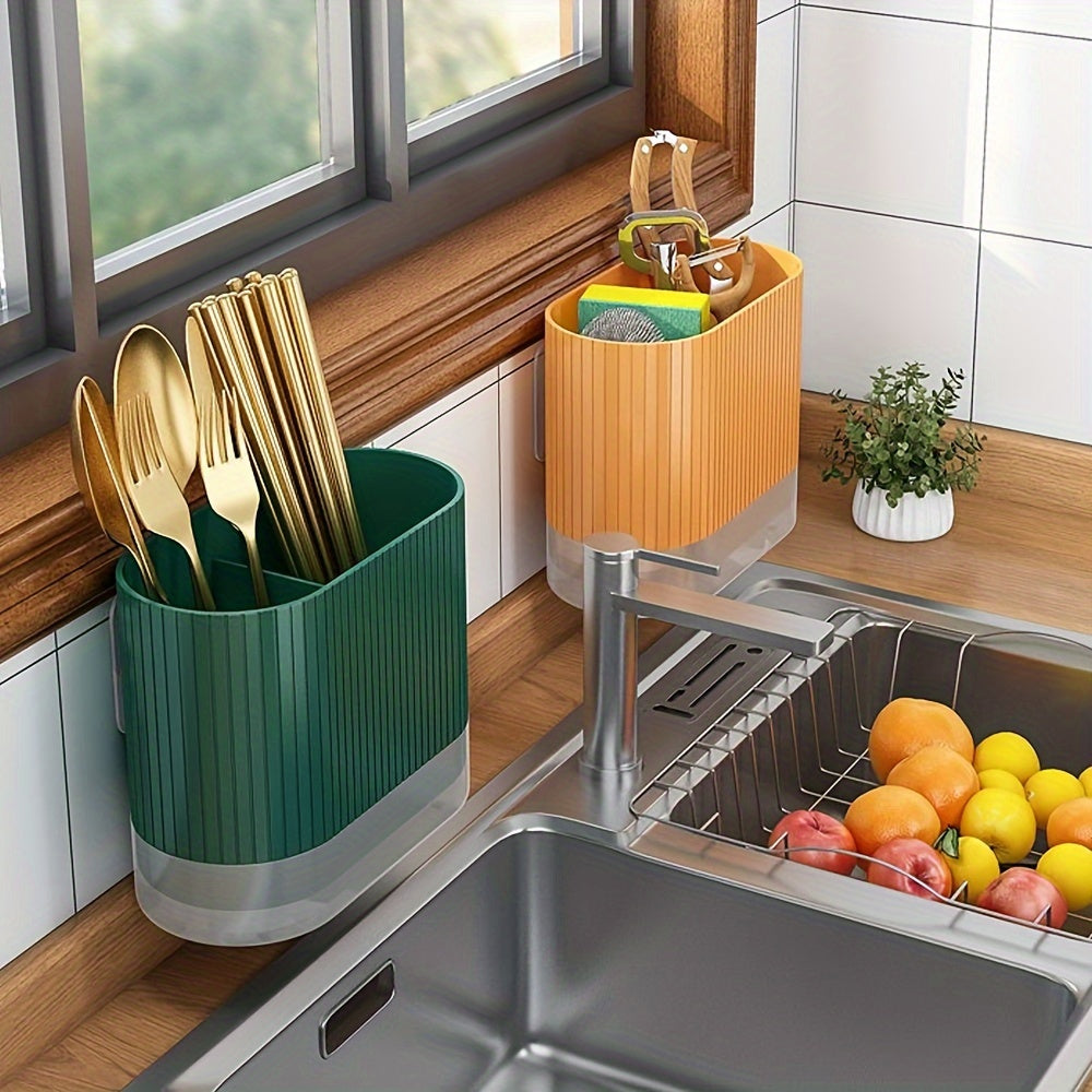 Wall-Mounted Kitchen Utensil Organizer with Drainage System for Spoons Forks and Chopsticks