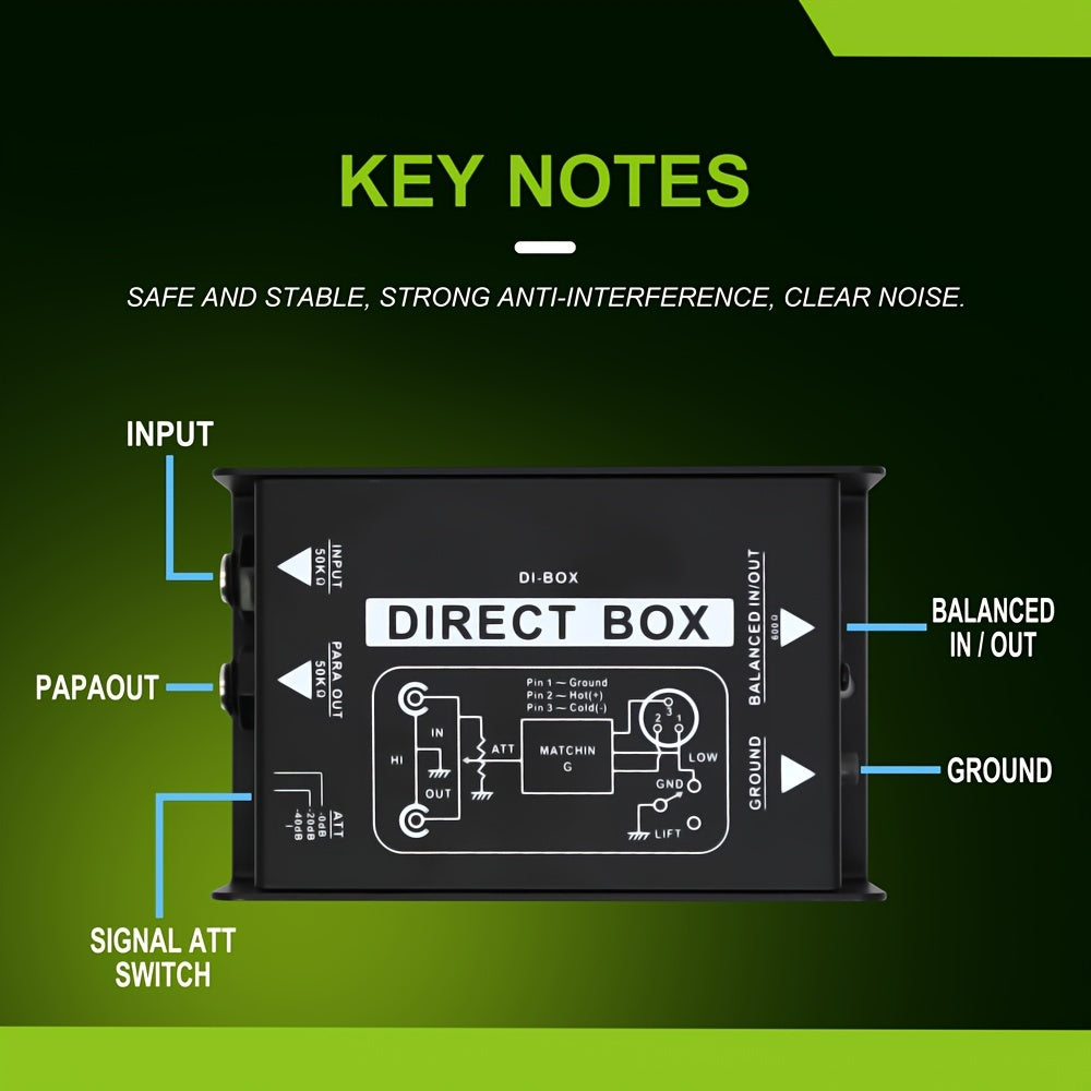 Resistive Audio Isolation DI Box for Guitar and Studio Equipment Black