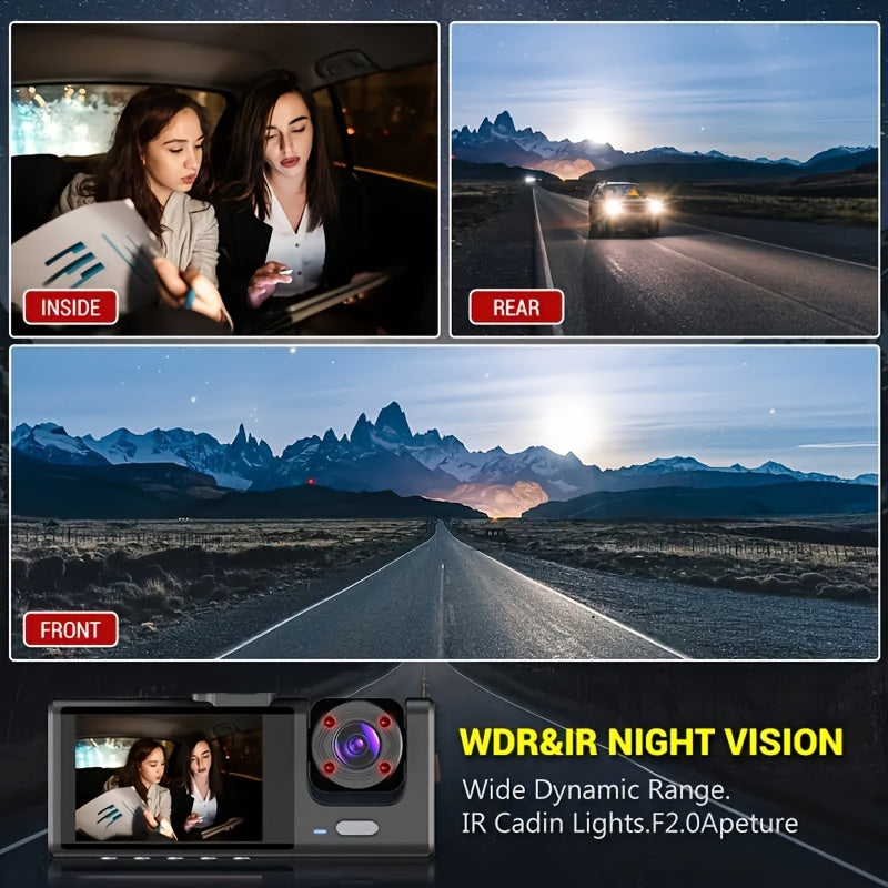 3-Channel Car Dash Cam 1080P Night Vision Loop Recording 5.08cm Screen