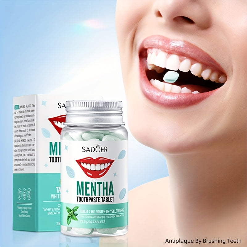 Chewable Peppermint Toothpaste Tablets 30 Count Travel Portable Natural Whitening