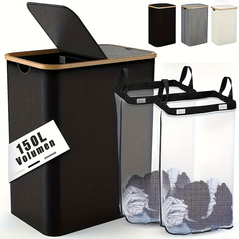 Большая корзина для белья с крышкой и двумя съемными мешками, идеально подходящая для организации грязной одежды в прачечных, ванных комнатах и общежитиях. Эта складная корзина для белья идеально подходит для организации дома и школьных принадлежностей.