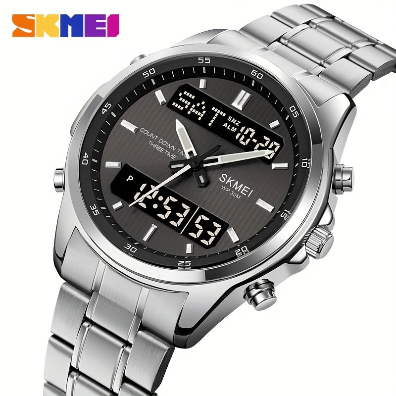Reloj de negocios impermeable para hombre con doble pantalla, pulsera de acero luminosa y multifunción