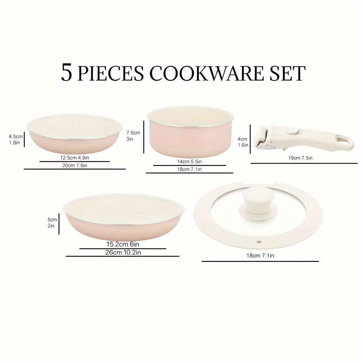 Yopishqoq emas pishirish to'plami - 5 dona, olib tashlanadigan tutqichlar bilan, pechda ishlatish uchun xavfsiz, qulay saqlash uchun yig'iladigan. Sayohat va uy oshxonalari uchun ideal.