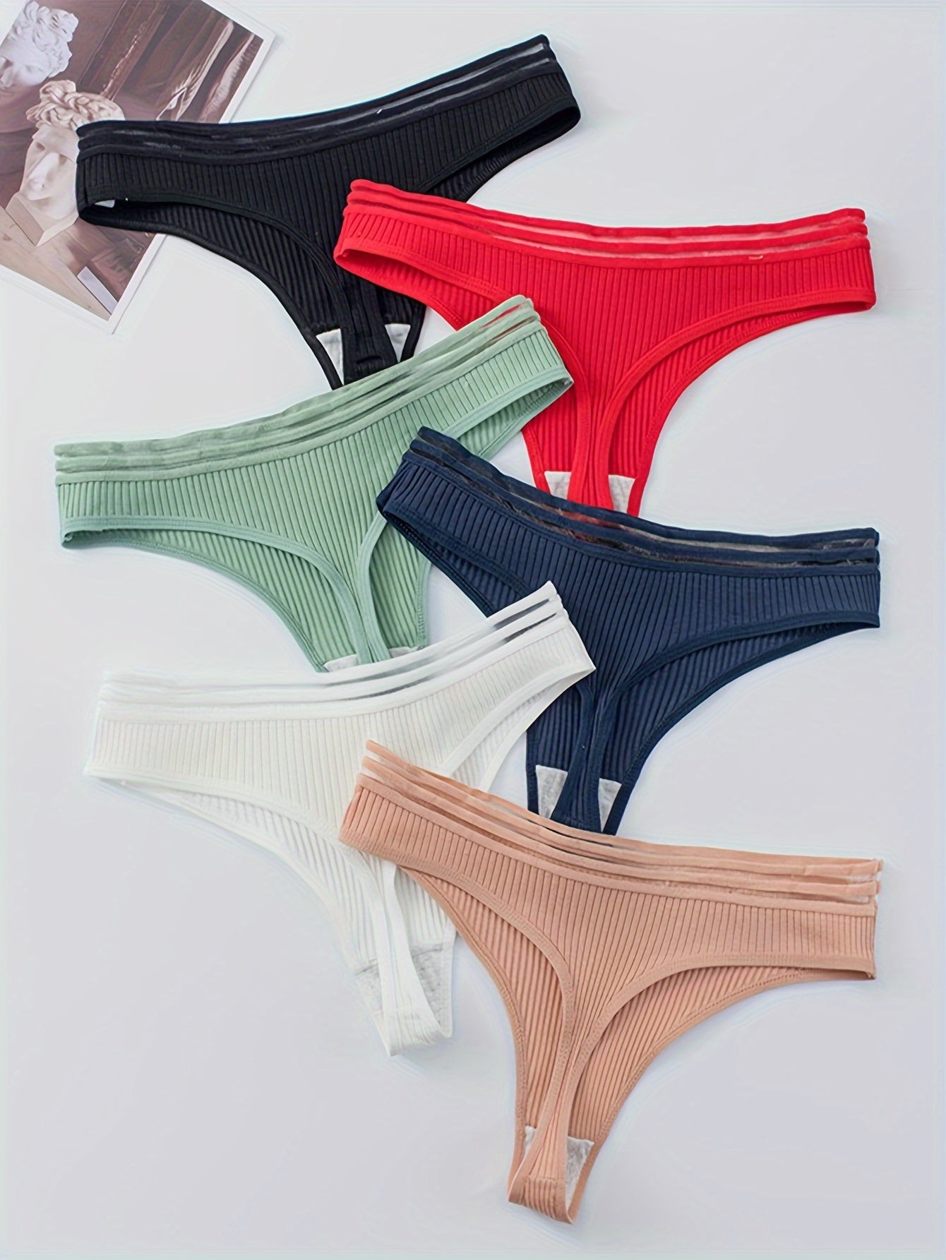 Women's Ribbed Cotton Thongs with 6 Stripes Low Rise Intimates