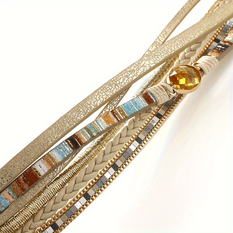 Vintage Bohemian Crystal Beaded Bracelet with Faux Leather Wrap and Magnetic Clasp